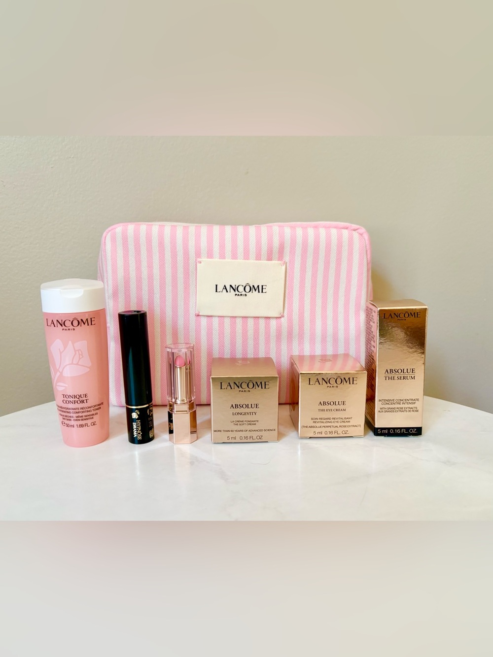 Lancôme Pink Striped Cosmetic Pouch with Absolue Skincare & Lipstick